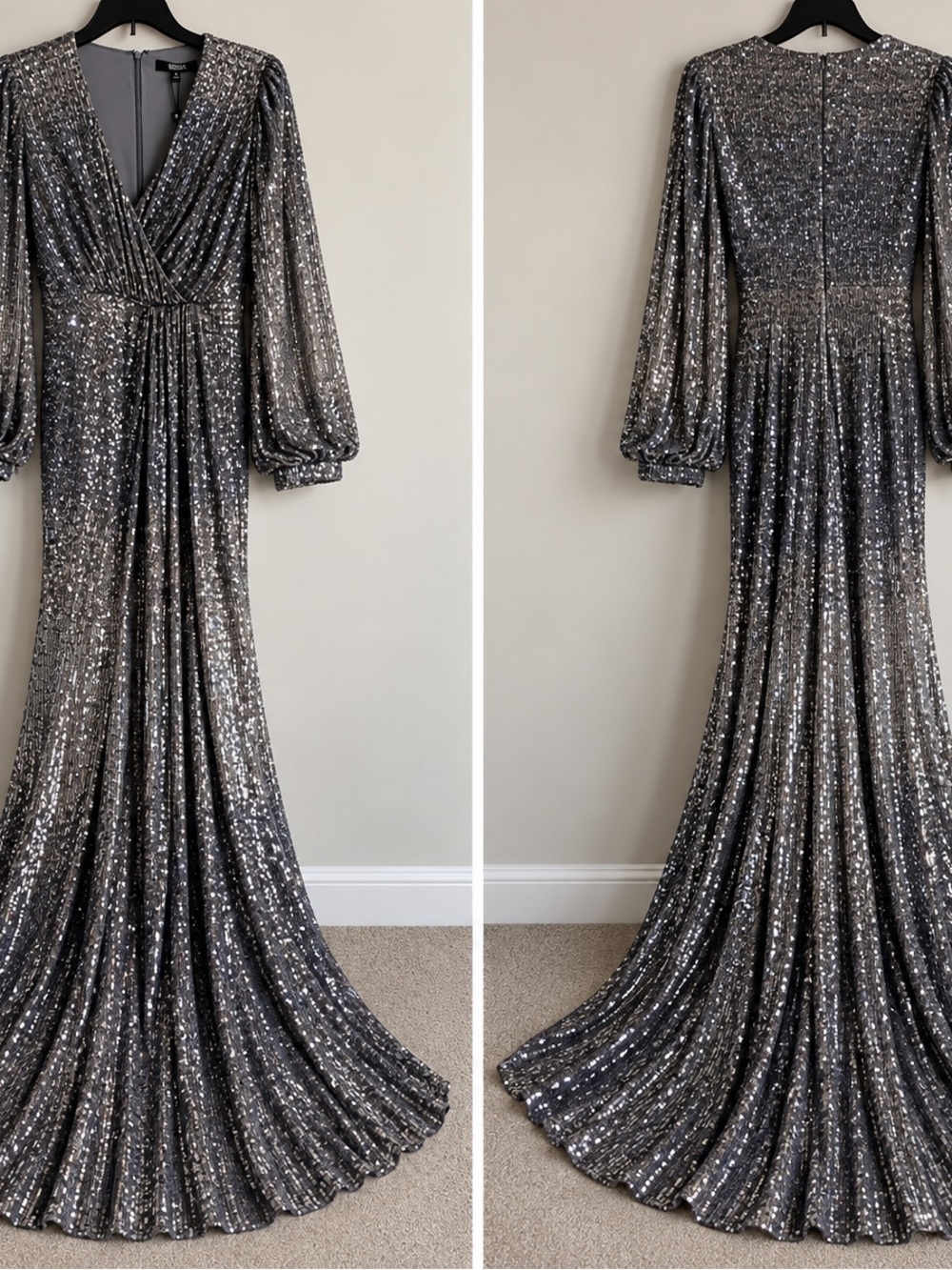 Badgley Mischka Silver Sequin Long Sleeve Gown